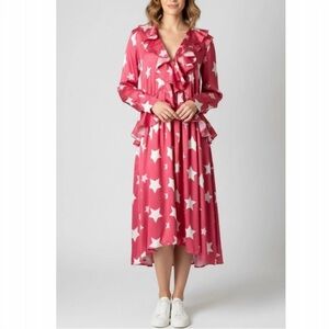 Sister Jane Baker Ruffle Midi Dress Women’s Size M Red/Pink Star Print NWT